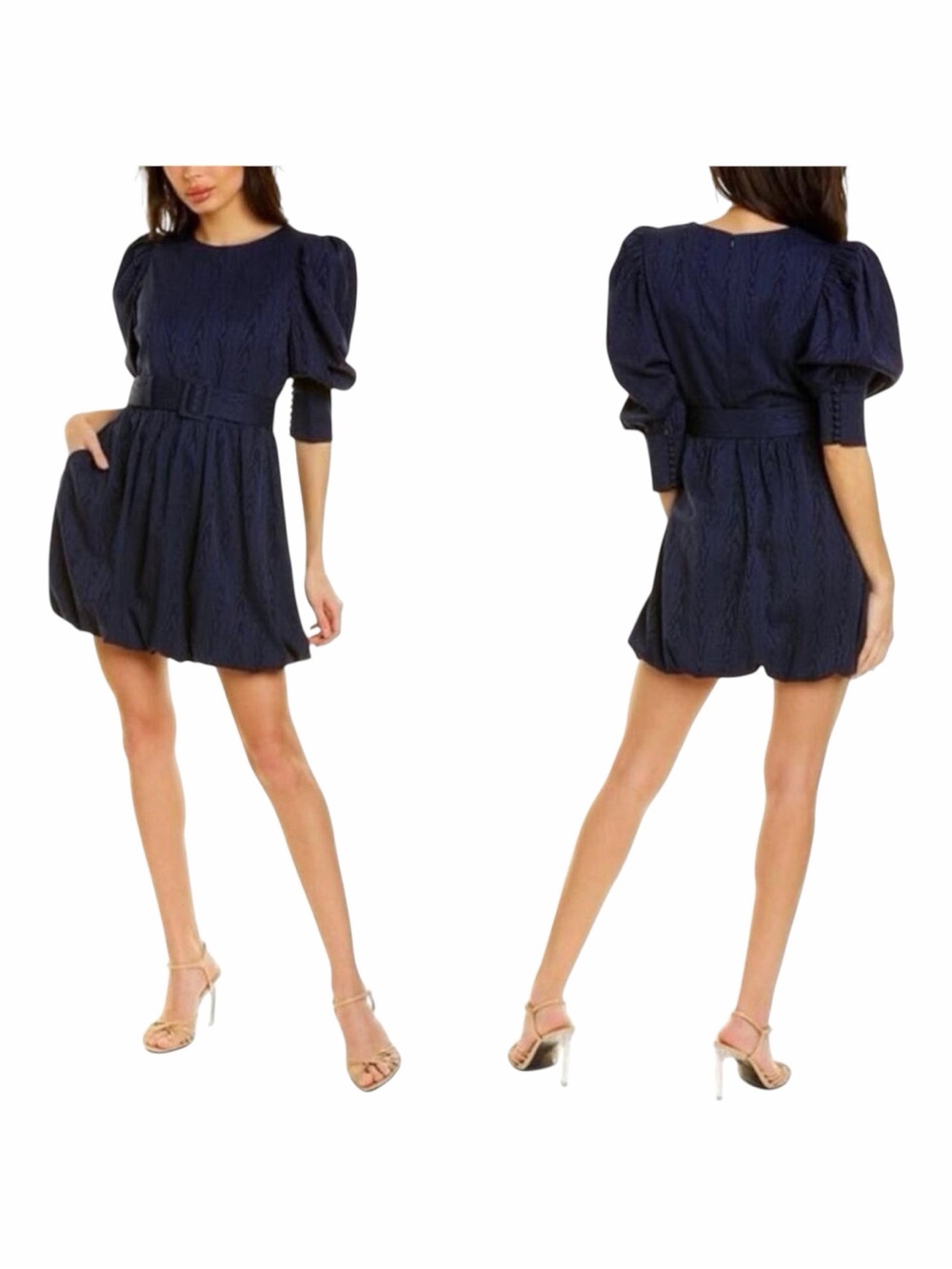 NWT! SOMETHING NAVY Mila Puff Sleeve Textured Navy Mini Dress. Size Small.